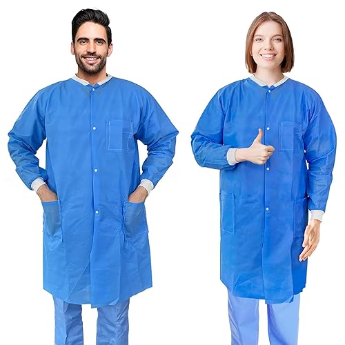 AMZ - Abrigos de laboratorio desechables para adultos, 4XL. Paquete de 10 abrigos de laboratorio azules SMS hasta la rodilla desechables. Abrigos