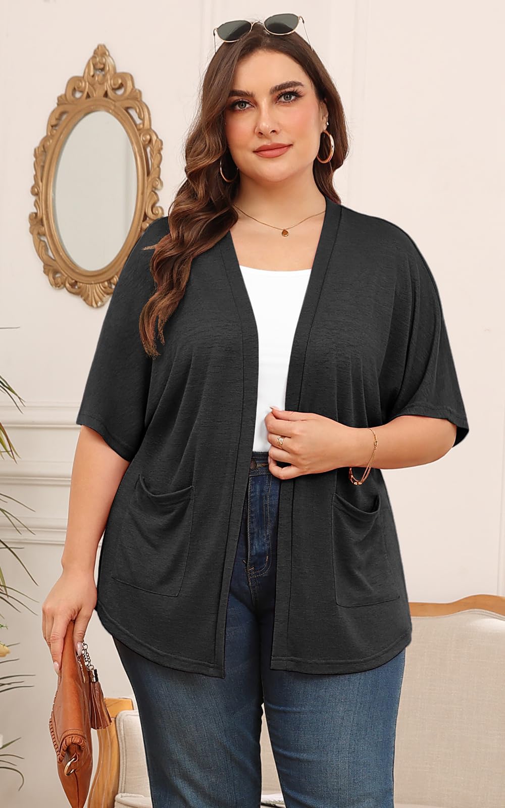 Cardigan a maniche corte da donna, leggero, estivo, kimono, casual, con tasche