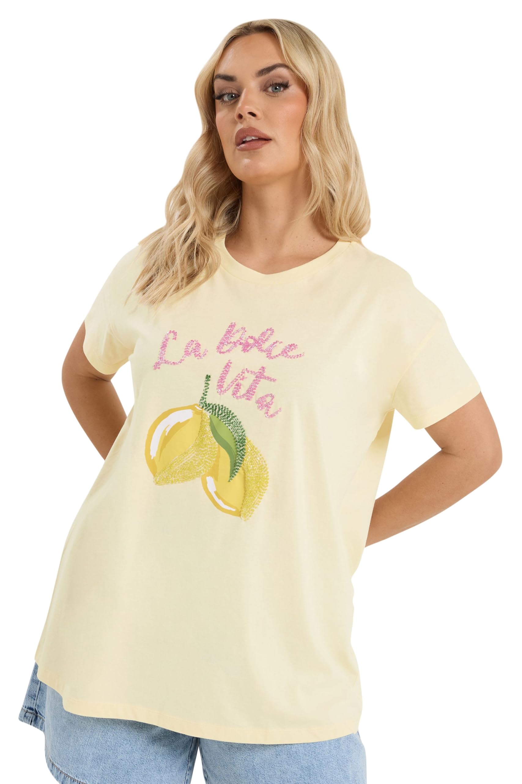 Yours Women's Yellow Beaded Lemon Graphic T-Shirt In Size 22-24