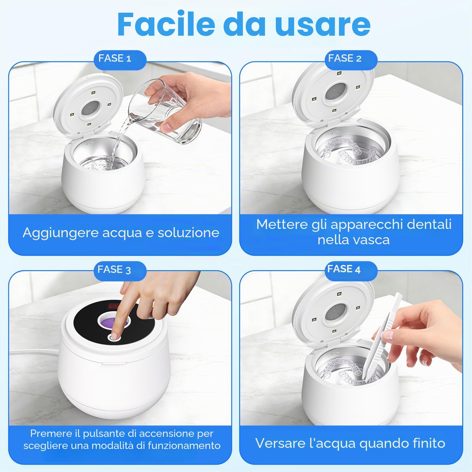 Pulitore a ultrasuoni, 45000 HZ Pulitore a ultrasuoni UV con 4 modalità di pulizia, camera di pulizia UV da 200 ml con timer digitale, per apparecchi ortodontici, ortesi, protesi, testine spazzolino
