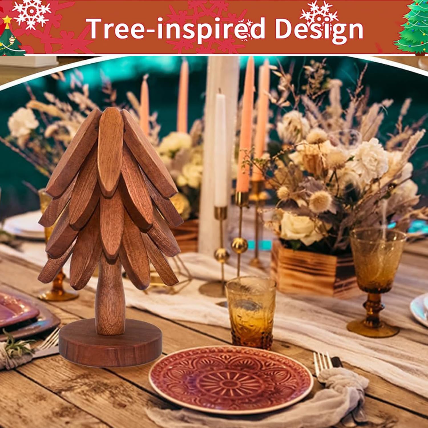 Set 4 Sottobicchieri In Legno A Forma Di Albero Con Supporto - Sottopentola Pieghevoli Per Piatti Caldi, Decorazione Natale