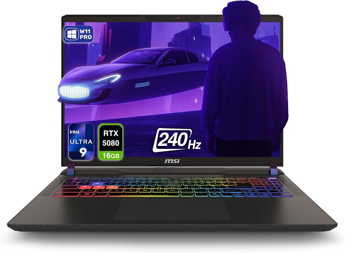 Laptop para juegos MSI Vector 16 HX AI, Intel Ultra 9-275HX, 64 GB DDR5 RAM, 4 TB PCIe SSD, pantalla WQXGA de 16" (2560x1600) 240 Hz, Nvidia G-Force RTX 5080, teclado RGB de 24 zonas, W11 Pro, gris Cosmo