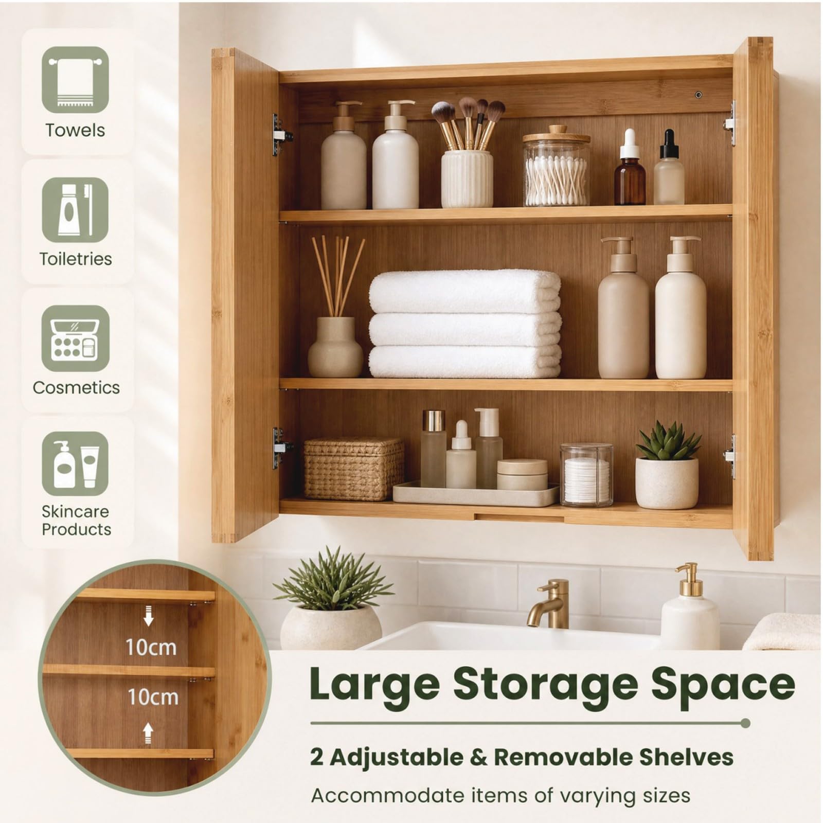 LIFEZEAL Mueble de Baño con Espejo y Estantes Ajustables | Gabinete Colgante de Pared, Puerta con Espejo, Ahorra Espacio, Ideal para Inodoro o Lavabo