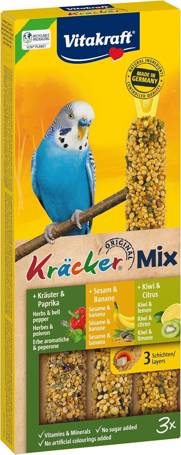 Vitakraft Kräcker Mix, Vogelsnack, für Wellensittiche, Knabberstangen, mit Kräutern und Paprika, mit Kiwi und Citrus, mit Banane und Sesam, ohne Zusatz von Zucker (1x 90g)