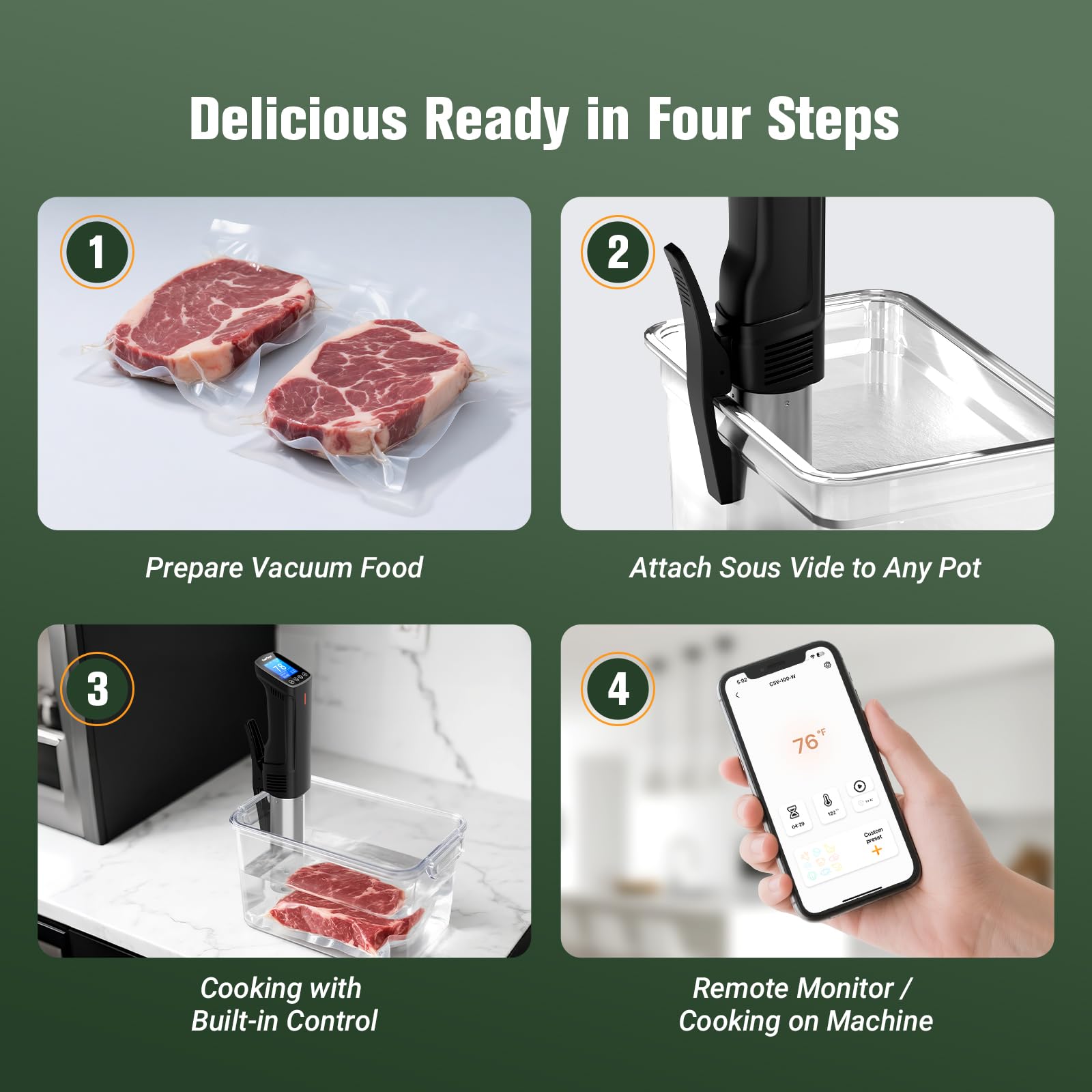 2,4 g Wifi Sous Vide Cooker CharMeter Sous Vide Machine CSV-100-W, 1000 vatios Sous-Vide Cooker Control de aplicación con 14 recetas preestablecidas, función de calibración, calentamiento rápido con