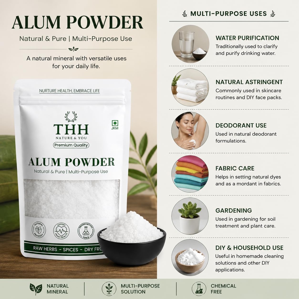 THH Pure Alum Powder (350g) | 100% Natural Fitkari Fine Granules for Skin Tightening, Pore Refining Oil Control, and Daily Shave Grooming | Multi-Purpose Powder for Water Purification & Household Use 4