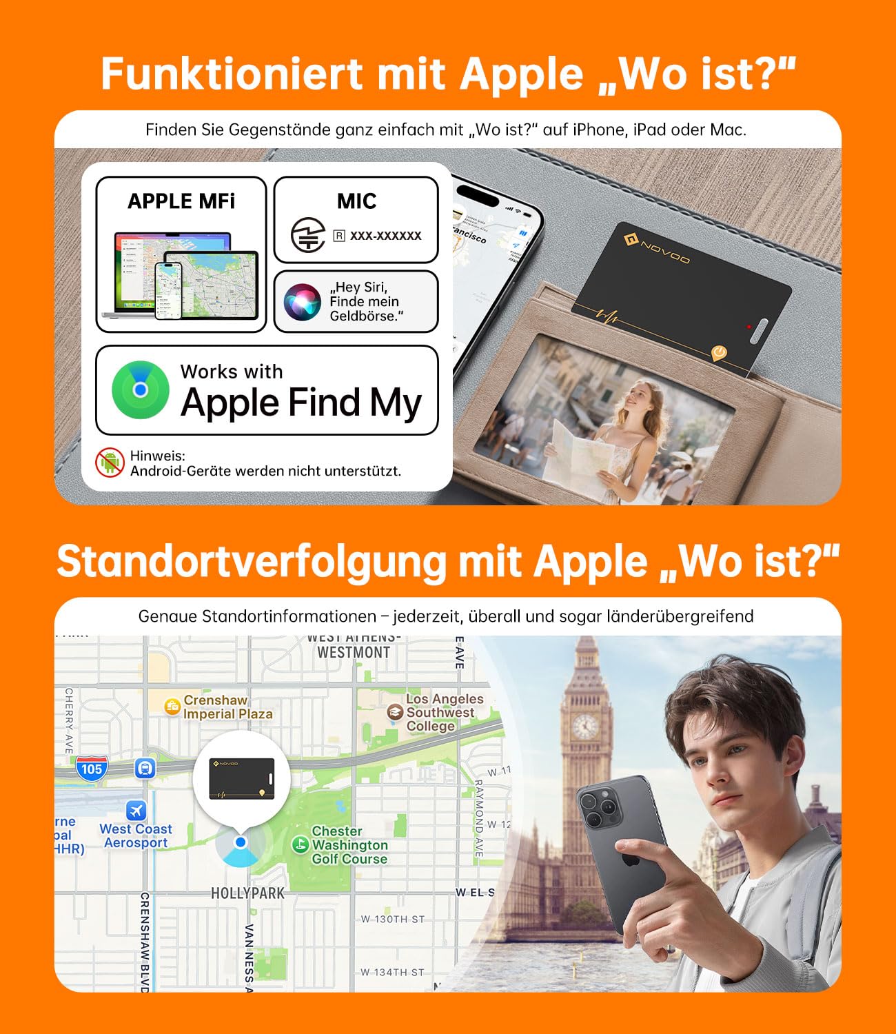NOVOO Wiederaufladbarer Tracker 2er Pack Air Tag Karte Slim kompatibel mit Apple Find My (nur iOS),Bluetooth SmartTag Item Finder, IP68 wasserdicht,Dünne Geldbörsenfinder für Reisekoffer/Geldbeutel