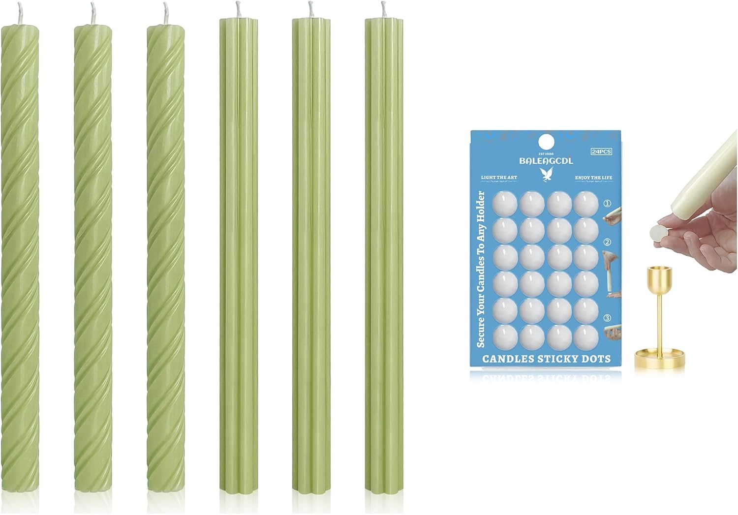 6PCS Unscented Grass Green Spiral Candles & Taper Candle Sticky Dots
