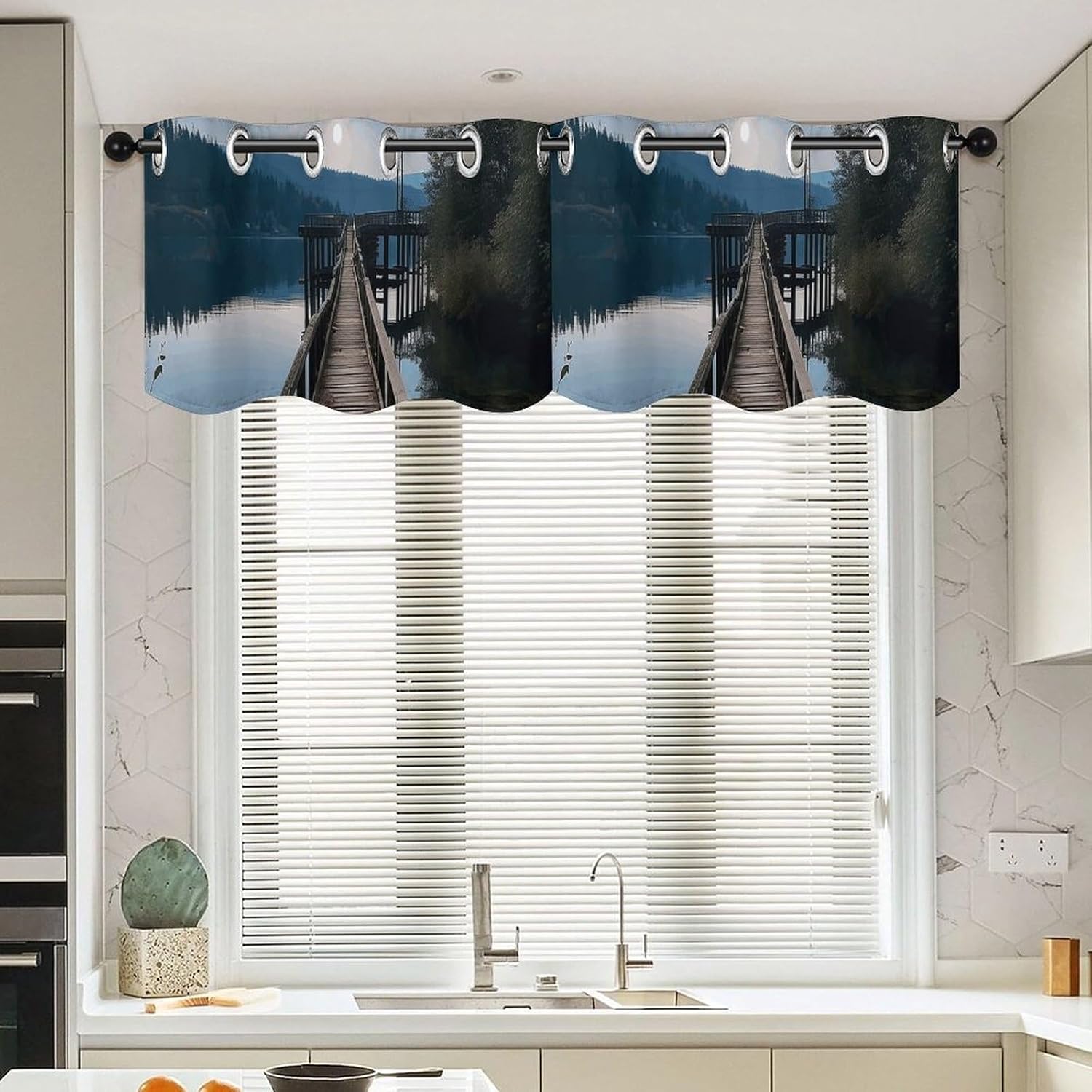 Wooden Trestle by The Water Valance for Windows, 2 Pack Kitchen Curtains Modern Home Decor, Soft Blackout Window Curtains for Living Room & Bedroom, 18 X 52 Inch