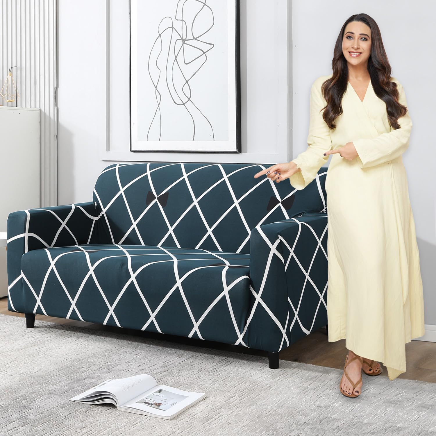 HOKIPO Sofa Cover 2 Seater Fully Covered, Teal Diamond