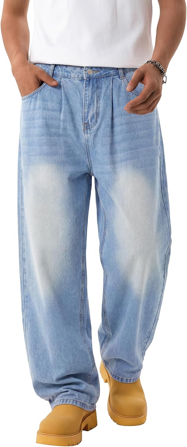 EMMIOL Baggy Jeans Men Wide Leg,Y2k Hip Hop Skater Denim Cargo Pants Vintage Loose Fit,Relaxed Long Trousers Streetwear