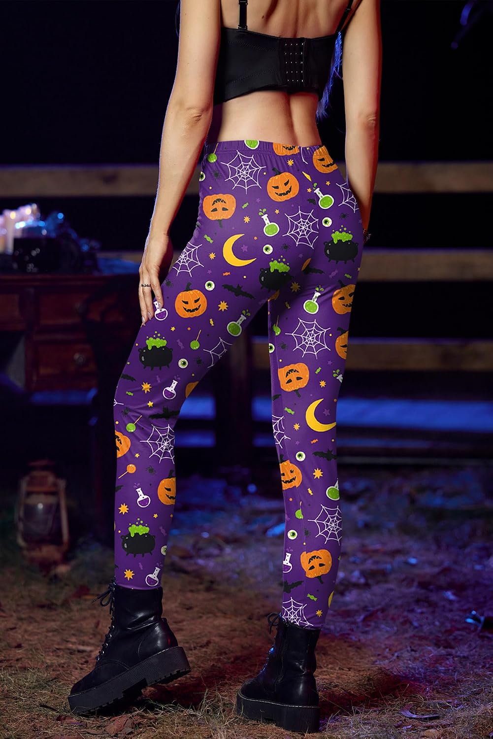 For G and PL Halloween Women's Workout Elastic Leggings Yoga Printed Soft Casual Skinny Pants Purple Pumpkin M