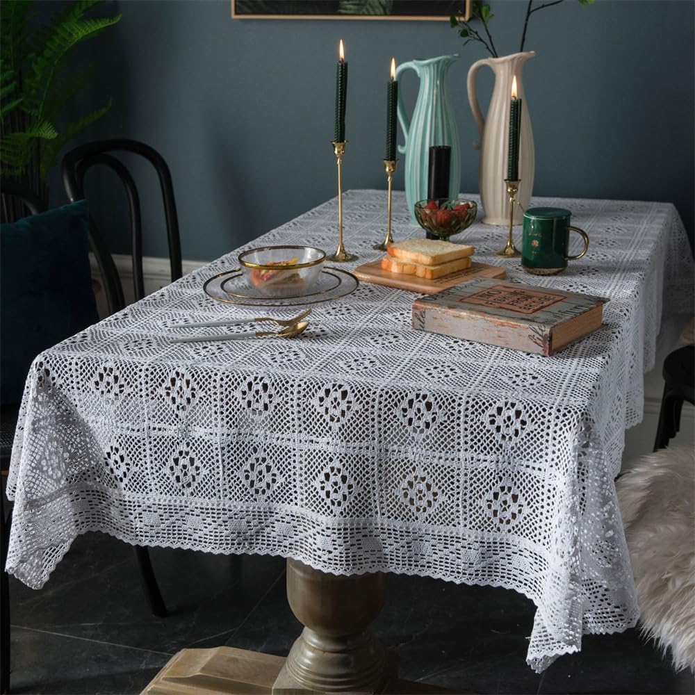 Weiße gehäkelte Deckchen Rechteckige Tischdecken Vintage Spitze Handgefertigte Baumwoll-Tischdecken für Hochzeit, Party, Zuhause, Geburtstag, Küche, Dekoration