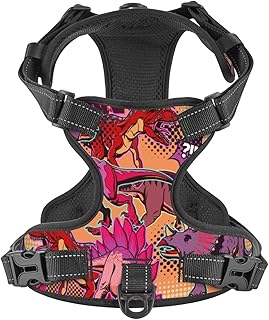 No Pull Dog Harness for Large Dogs Easy Walk Dog Vest Adjustable Collars Harnesses & Leashes Set Breathable Oxford Outdoor Walking Safety Reflective Strip Multicolored Pattern of Dinosaurs Prints