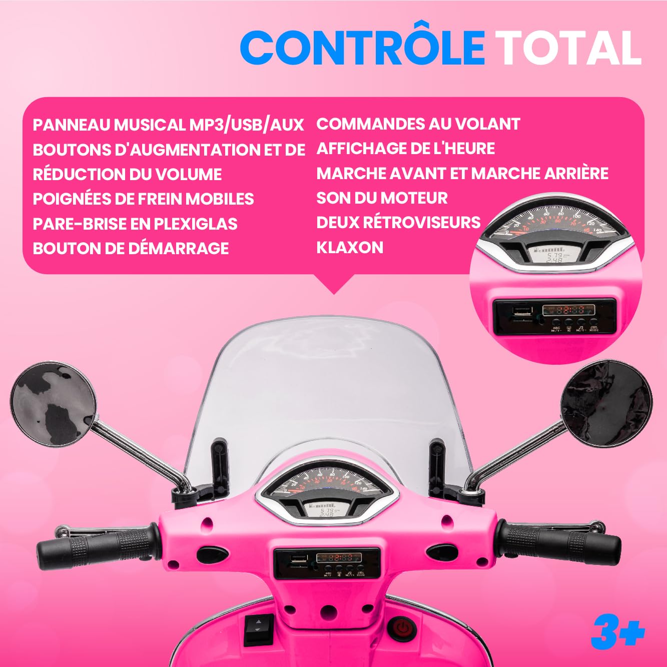 Vespa électrique Enfant – Scooter Avec MP3, Coffre, Marche Avant/arrière, Jusqu'à 30 Kg