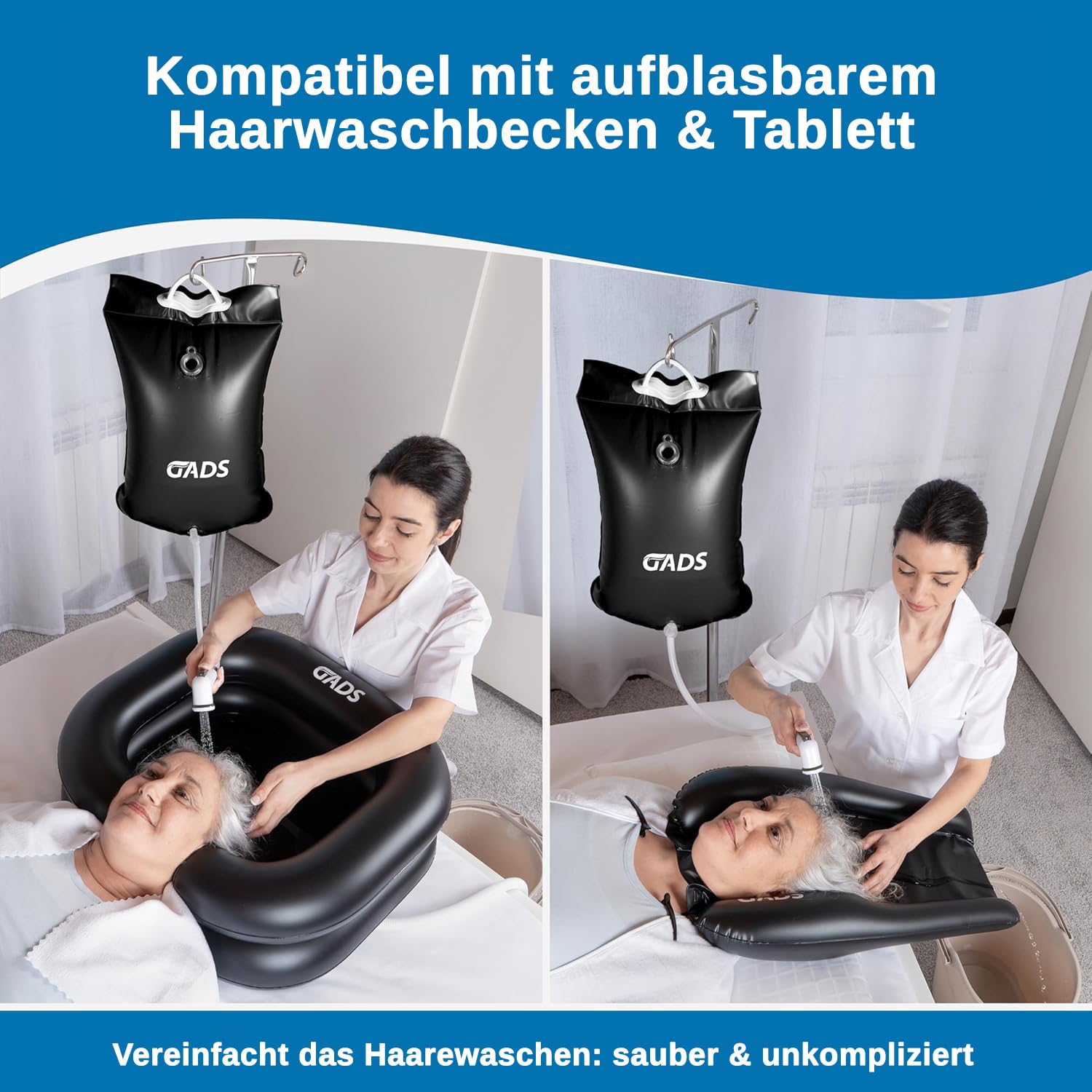 Aufblasbares Haarwaschbecken mit 9L Tragbarer Haarwasch- & Campingdusche – Komplettes Haarwasch-Set für Bettlägerige, Senioren, Pflege, Dreadlocks, Zuhause, Reisen & Camping – Schwarz