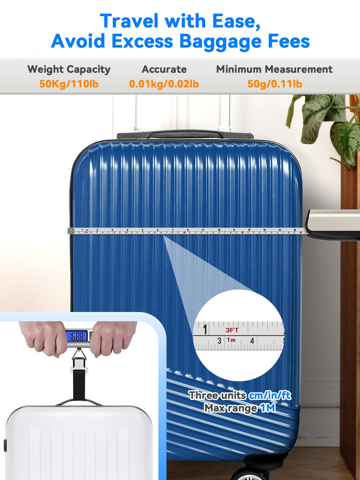 Dr.meter Waga podróżna z taśmą mierniczą, praktyczna cyfrowa waga bagażowa z hakiem (50 kg/110 lb) z wyświetlaczem LCD i ramieniem przeciążeniowym. Zintegrowana taśma miernicza do podróży wraz z