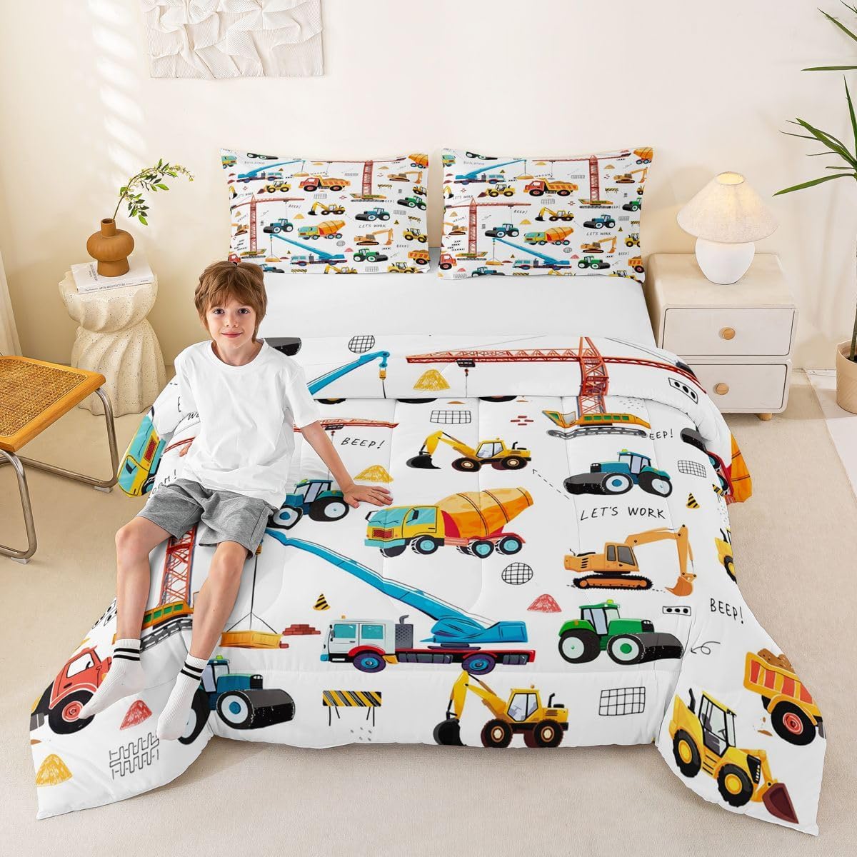 Tractor Comforter, Excavator Machinery Trucks Bedding Set Full Size, Construction Vehicle Down Comforter, Bulldozer Crane Equipment Truck Quilt Set For Child Teens 3Pcs Bedroom Decor, Yellow Green
