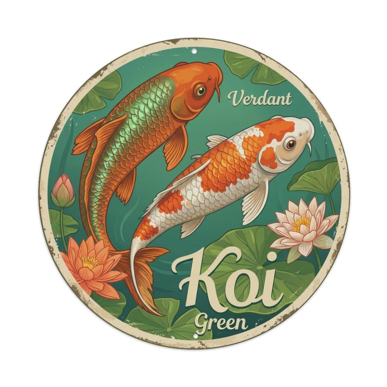 Koi Fish Verdant Green Lush Waters Vibrant Growth Fresh Metal Tin Sign