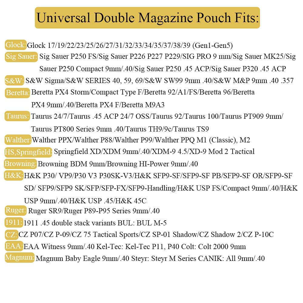 Universal Double Magazine Pouch, 9mm .40 .45 .357 Double Stack Mag. Holder Dual Stack Mag Holster with 1.5''-2.5'' Belt Clip for Glock Sig sauer S&W Beretta Browning Taurus H&K Most Pistol Mags