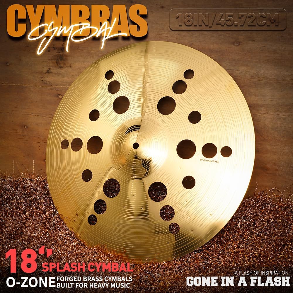 Trash Splash & Trash Crash Cymbals, 10” / 18”, Durable Alloy Effect Cymbal，Black or Gold Finish, Fast Attack Short Decay for Drum Kit (Gold, 18inches)
