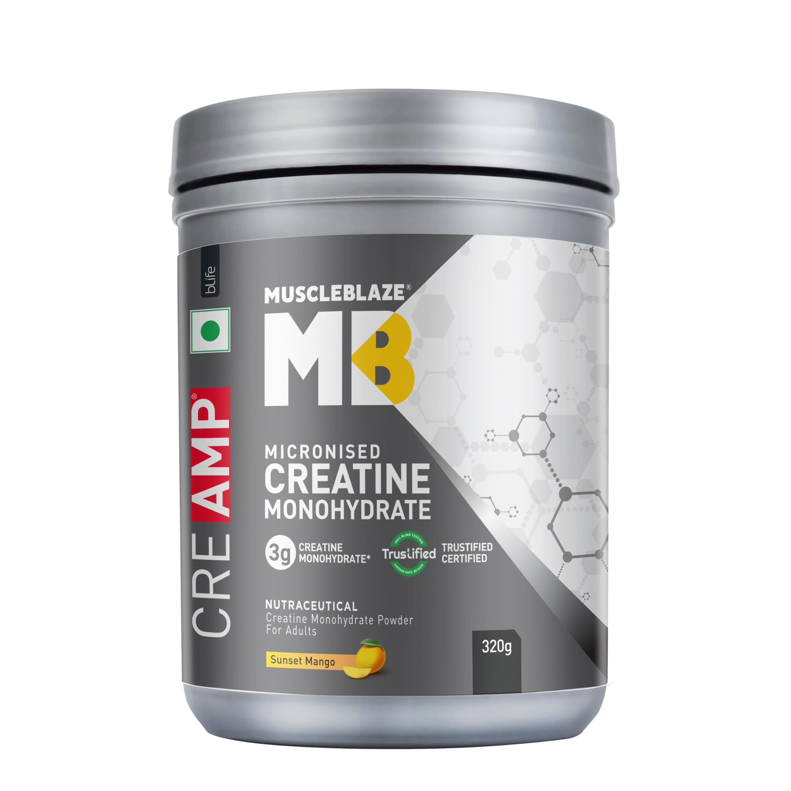 MuscleBlaze Creatine Monohydrate CreAMP™ (Sunset Mango, 80 Servings, 320g) | Trustified Certified Creatine
