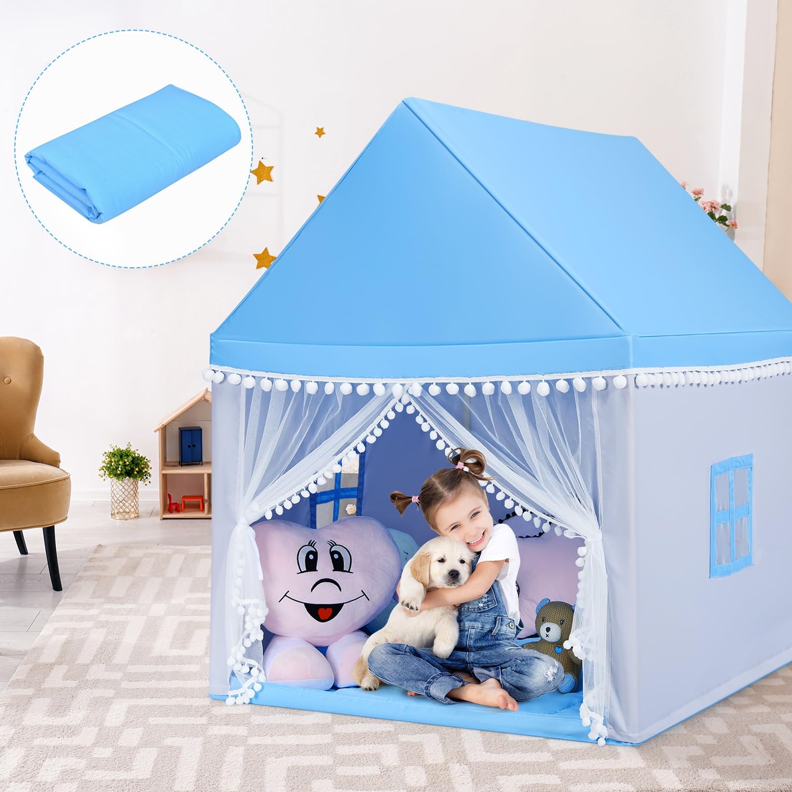 GYMAX Tenda per Bambini, Castello Giocattolo con Materasso Lavabile e Struttura in Legno Massello, Casetta per Bambini da Interno ed Esterno, Regalo di Compleanno o Natale (Blu)