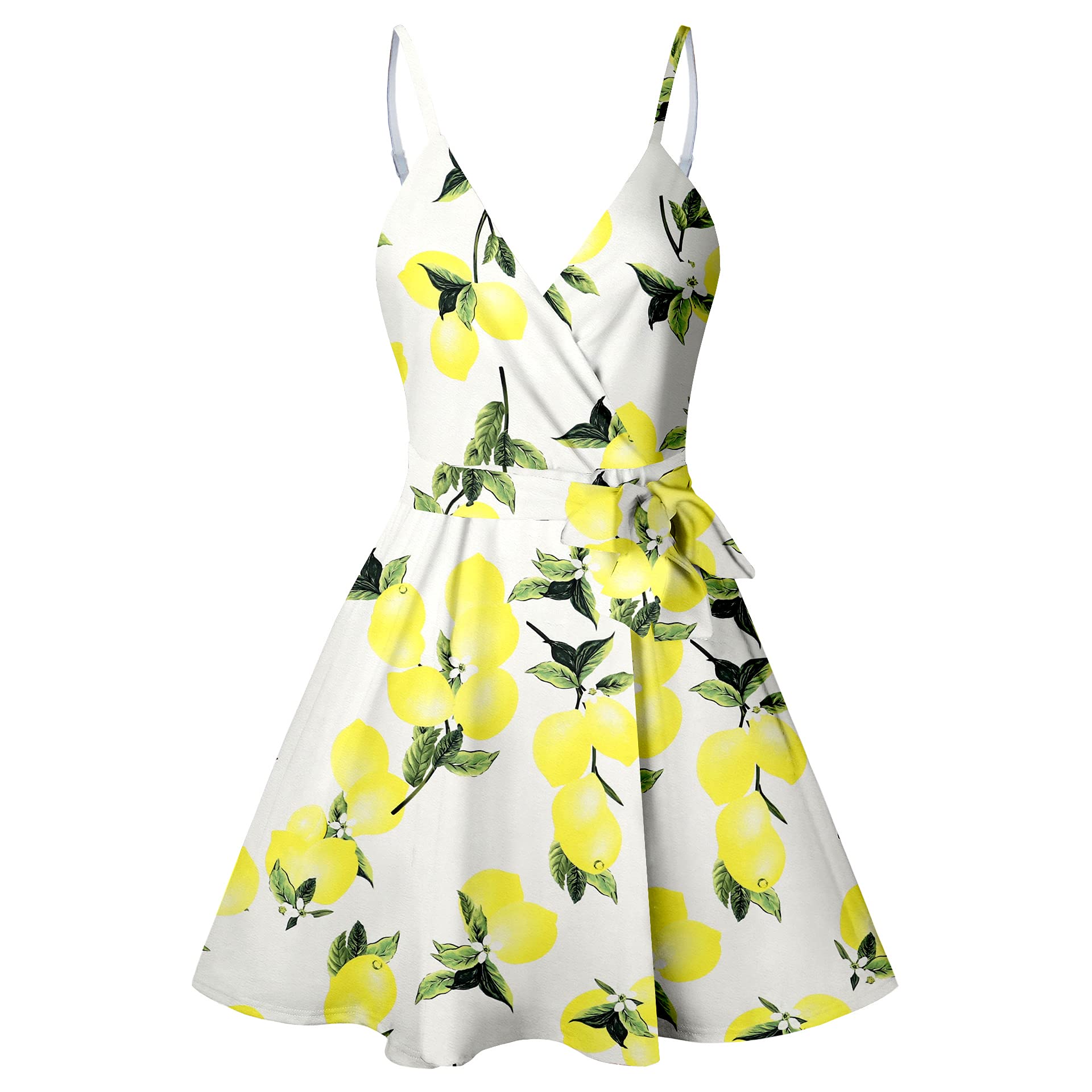 CASURESS Women Dress Summer V Neck Mini Floral Print Swing Dress Sleeveless Spaghetti Strap Skater Dresses with Belt