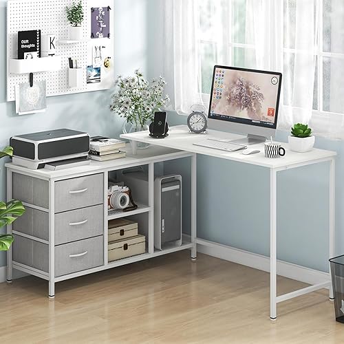 Miniatura 2 de Tangkula Escritorio para computadora en forma de L con toma de corriente, escritorio esquinero convertible con cajones y estantes, escritorio de