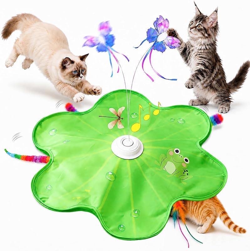 Interactive Cat Toys, Rechargeable with Auto Play and Bird Chirps | 3-in-1 hide and seek mat with fluttering butterfly, moving feather and plush tail, Perfect for indoor adult cats and kittens