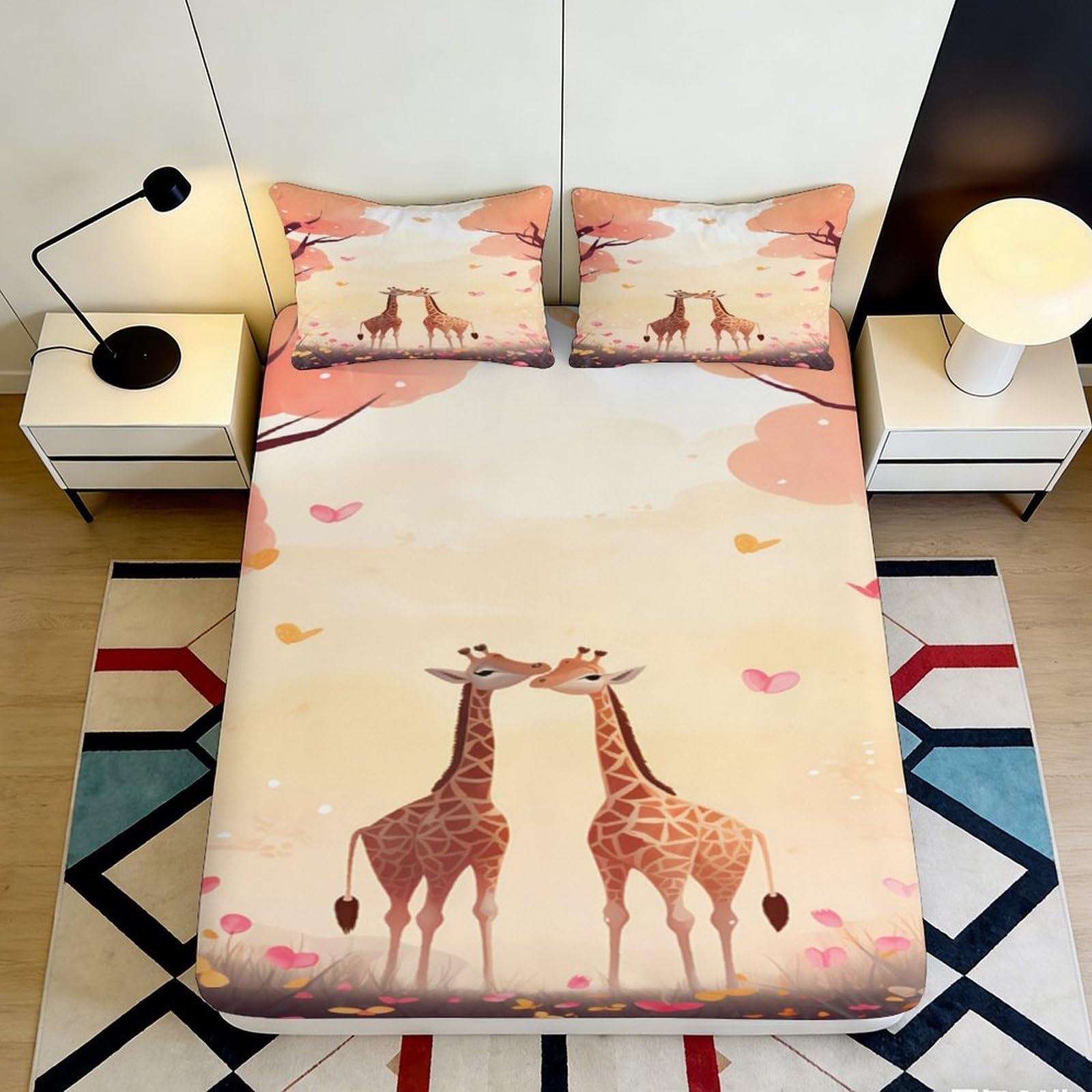 Pnayamiorkfel Style-6 3D Printed Giraffe Couple Fitted Sheet Microfiber Peach Pink Bed Cover Non-Slip Washable Bedroom Decor For All Ages 90X200x25cm