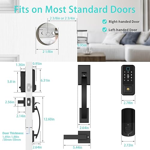 Miniatura 7 de Cerraduras inteligentes WiFi para puerta delantera con juego de manija, control de aplicación, cerradura de puerta de entrada sin llave, cerrojo de