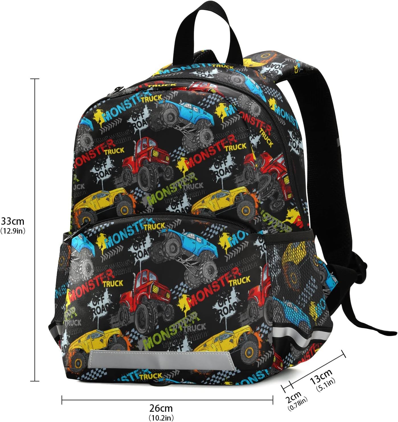 Fisyme Monster Truck Car Colorful Backpack Schoolbag Kids Daypack Toddler Travel School Bag Small Mini Backpacks for Kindergarten Preschool Nursery Children Boys Girls with Chest Strap