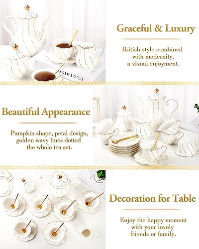 Miniatura 4 de DUJUST Juego de té de porcelana blanca de 22 piezas para 6, juego de tazas de té y café de lujo estilo británico con ribete dorado, hermoso juego de