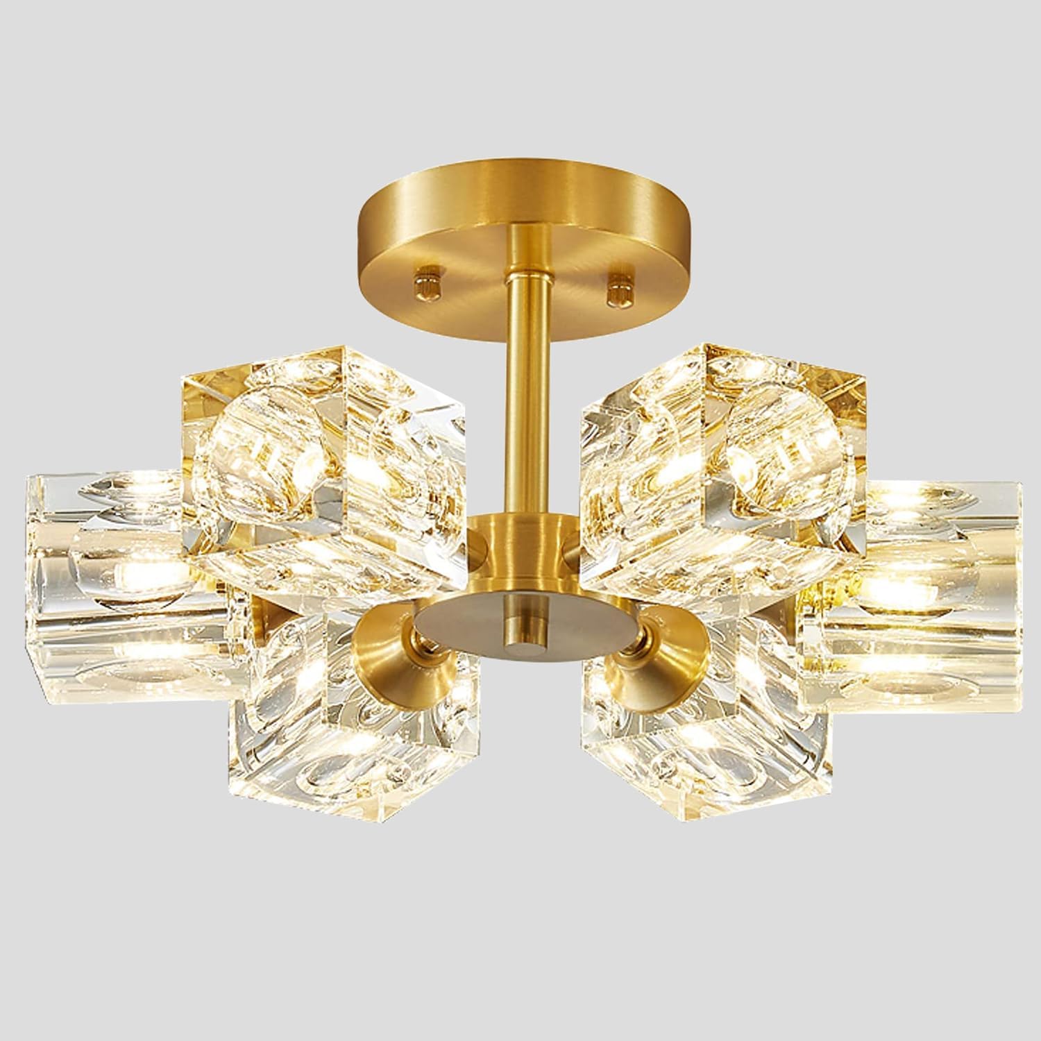 BOKT Modern Antique Brass Flush Mount Sputnik Chandelier Brushed Gold Mid Century Semi Flush Mount Ceiling Light 6-Light Clear Crystal Close to Ceiling Light Fixture