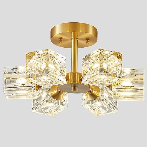 BOKT Lámpara Sputnik moderna de latón antiguo de montaje empotrado de oro cepillado de mediados de siglo, lámpara de techo semiempotrada de 6 luces