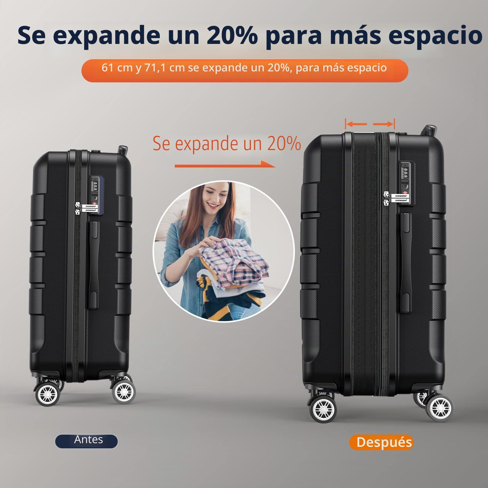 SHOWKOO Maletas de Viaje Medianas Rígidas 67cm ABS+PC Ampliable Maleta Trolley Cabina Ultraligera Duradero con 4 Ruedas Dobles Giratorias y Cerradura TSA, L - Negro