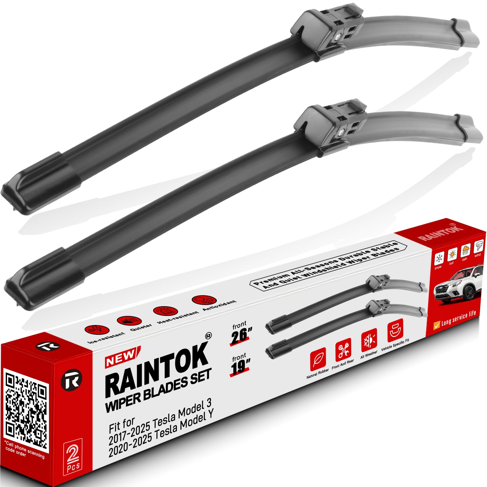 RAINTOK 26" 19" Windshield Wiper Blades Replacement for 2017-2023 Tesla Model 3 & 2020 2021 2022 2023 Tesla Model Y Original Factory Quality Front