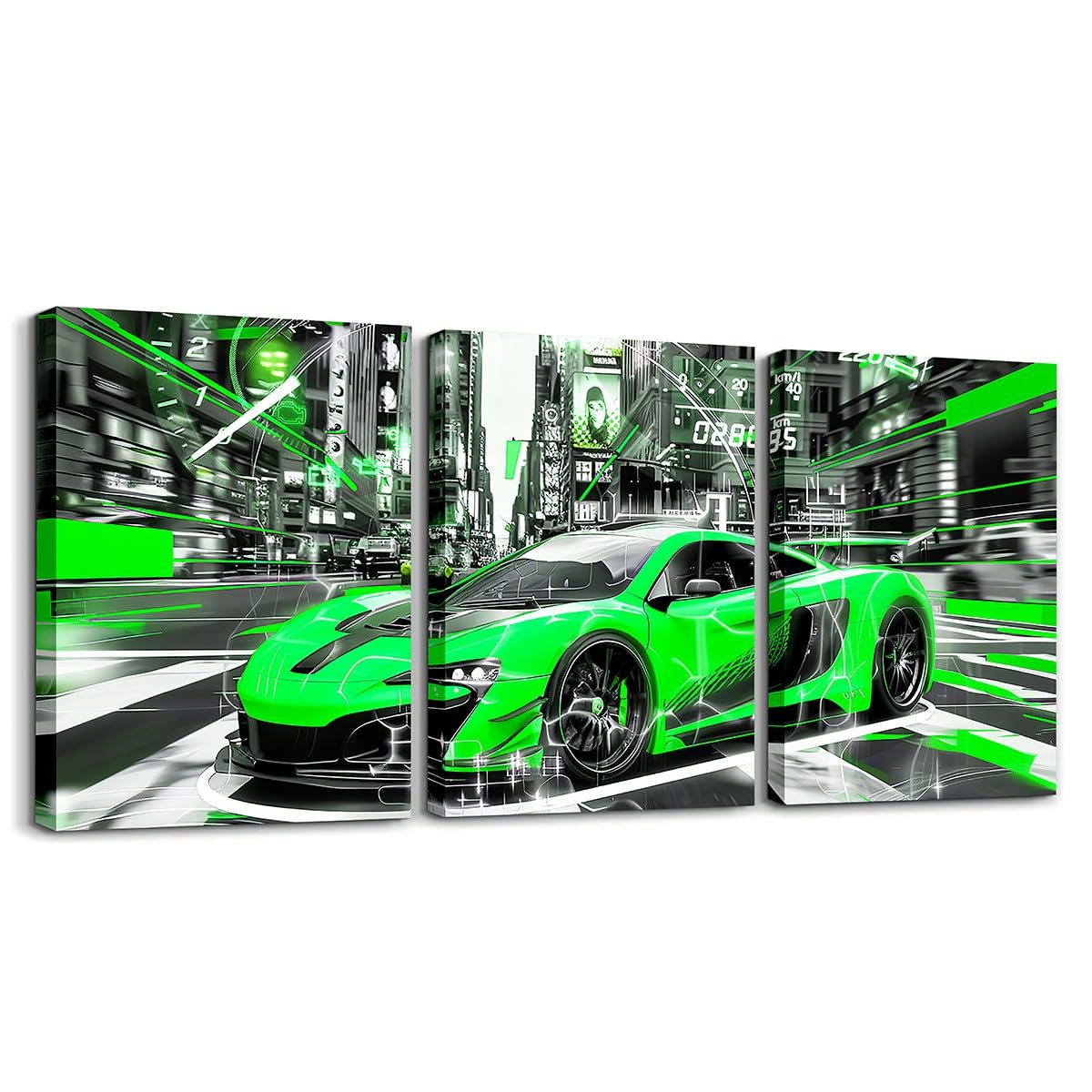 Loussiesd Geschwindigkeit Sportwagen 3er Poster Set für Wohnzimmer Rennen Auto Büro Wandbilder für Extreme Sport Auto Bad Leinwandbilder Automobil Rennwagen Grün Grau