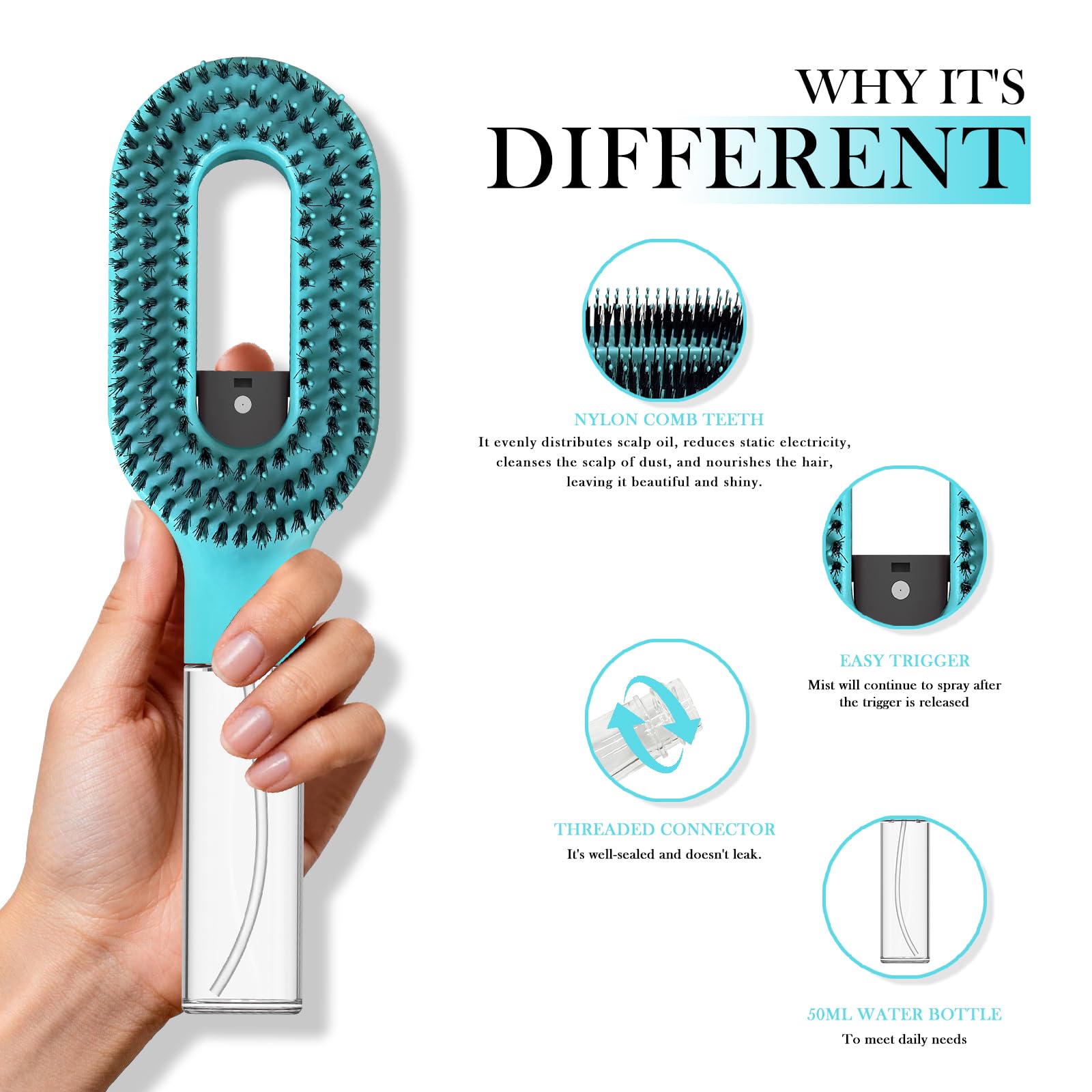 2-in-1-Entwirrer-Haarbürste, mit integriertem Sprühnebel, Nass- und Trocken-Entwirrungsbürste für lockiges, gewelltes und glattes Haar, kein Verheddern, Anti-Frizz-Haarpflegebürste, Wasserspeicher, 50