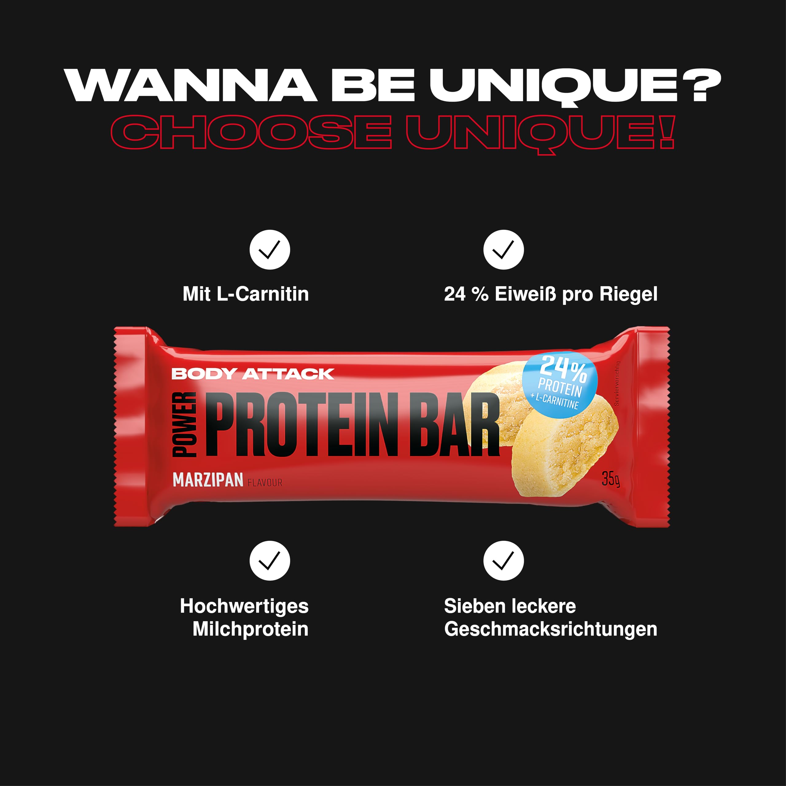 Body Attack Proteinriegel - Marzipan, 24 x 35 g - Fitness Protein Riegel fettarm - Eiweißriegel mit wichtigen Vitaminen, L-Carnitin & 25% hochwertigem Milcheiweiß - Made in Germany