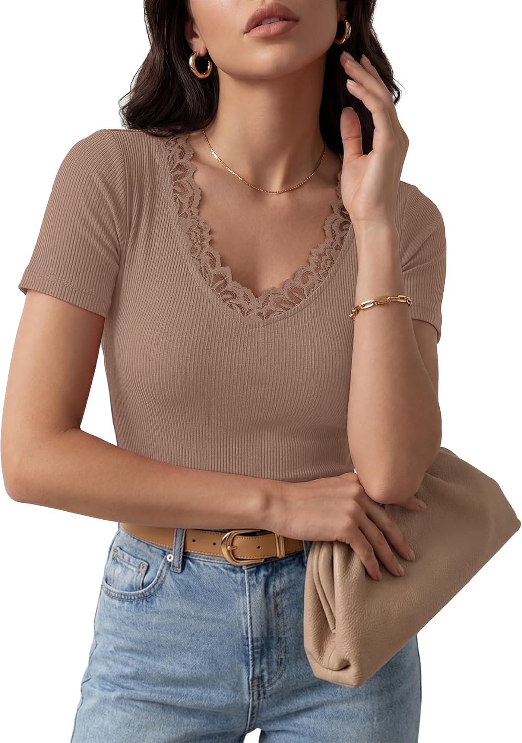 Women Short Sleeve Lace V Neck Shirts Ribbed Knit Fitted Basic Tee Tops Business Dressy Casual Summer Blouses T-Shirt - Image 8