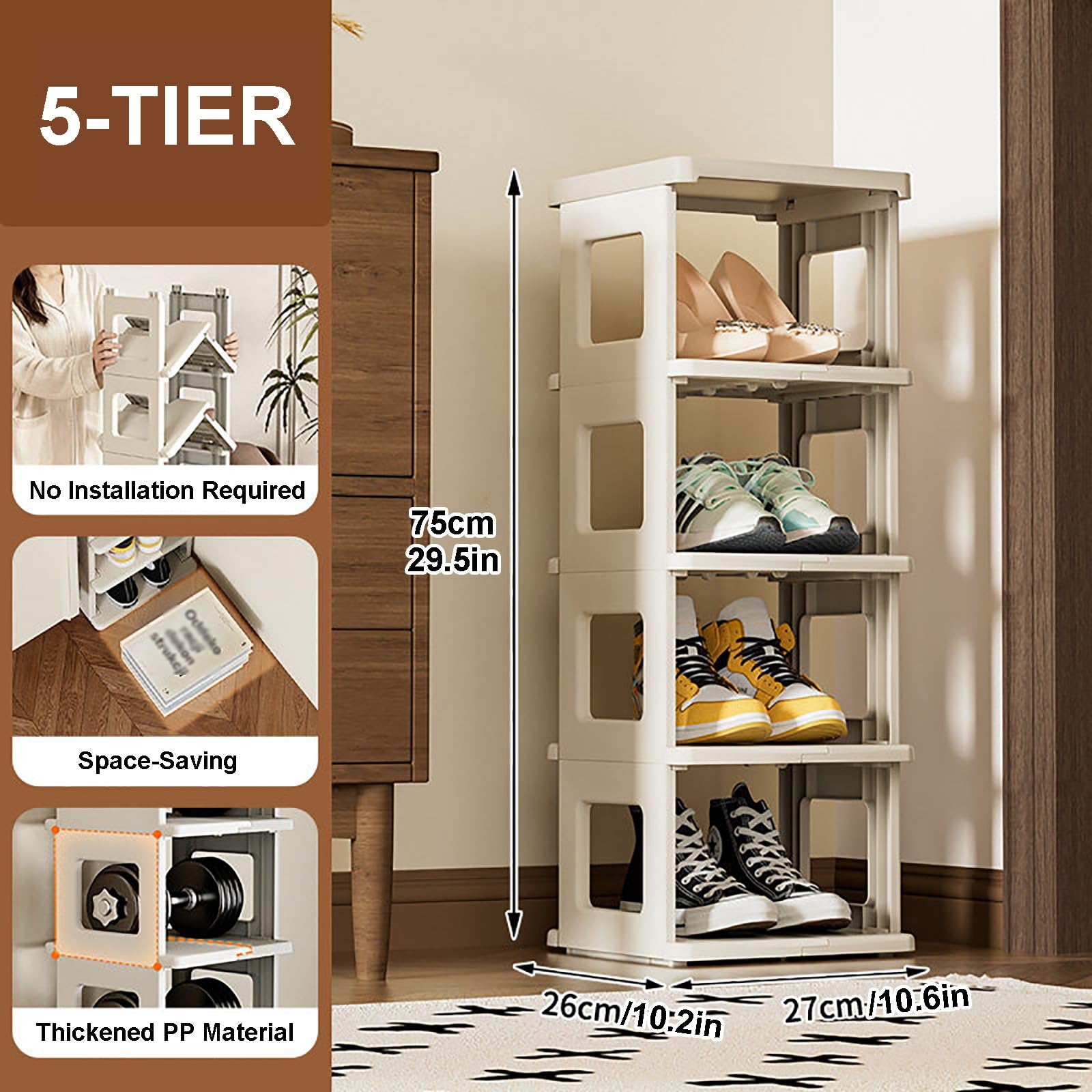 Scarpiera salvaspazio sottile in PP a 5/7 ripiani per ingresso, soggiorno, bagno, design compatto (26 x 27 x 75 cm)