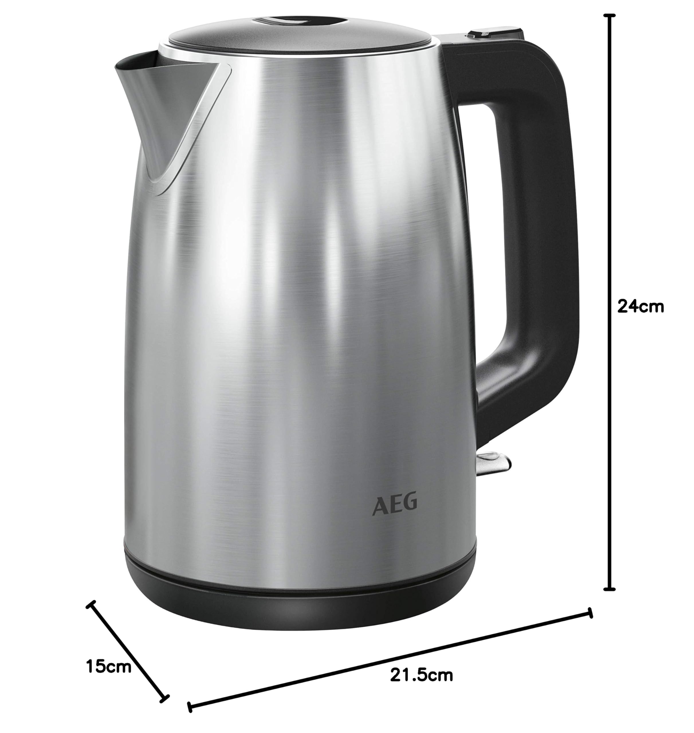 AEG K3-1-3ST Hervidor de acero inoxidable, 2200 W, capacidad 1,7 Litros, filtro antical extraíble, apagado automático de seguridad, interruptor encendido/apagado, base giratoria 360º, gris