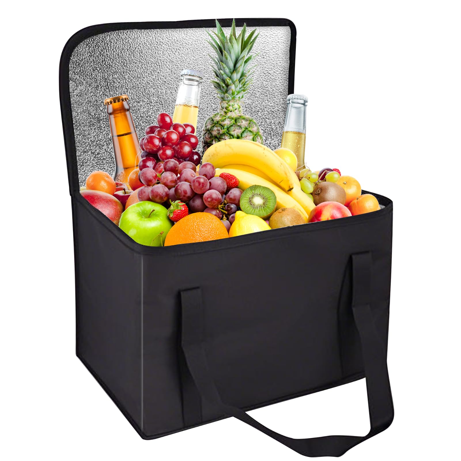 35L Insulated Cooler Bag, Large Thermal Food Delivery Bag for Hot & Cold, Foldable Cool Box with Zipper Closure, for Camping, BBQ, Picnic, Shopping, Beach & Outdoor Travel