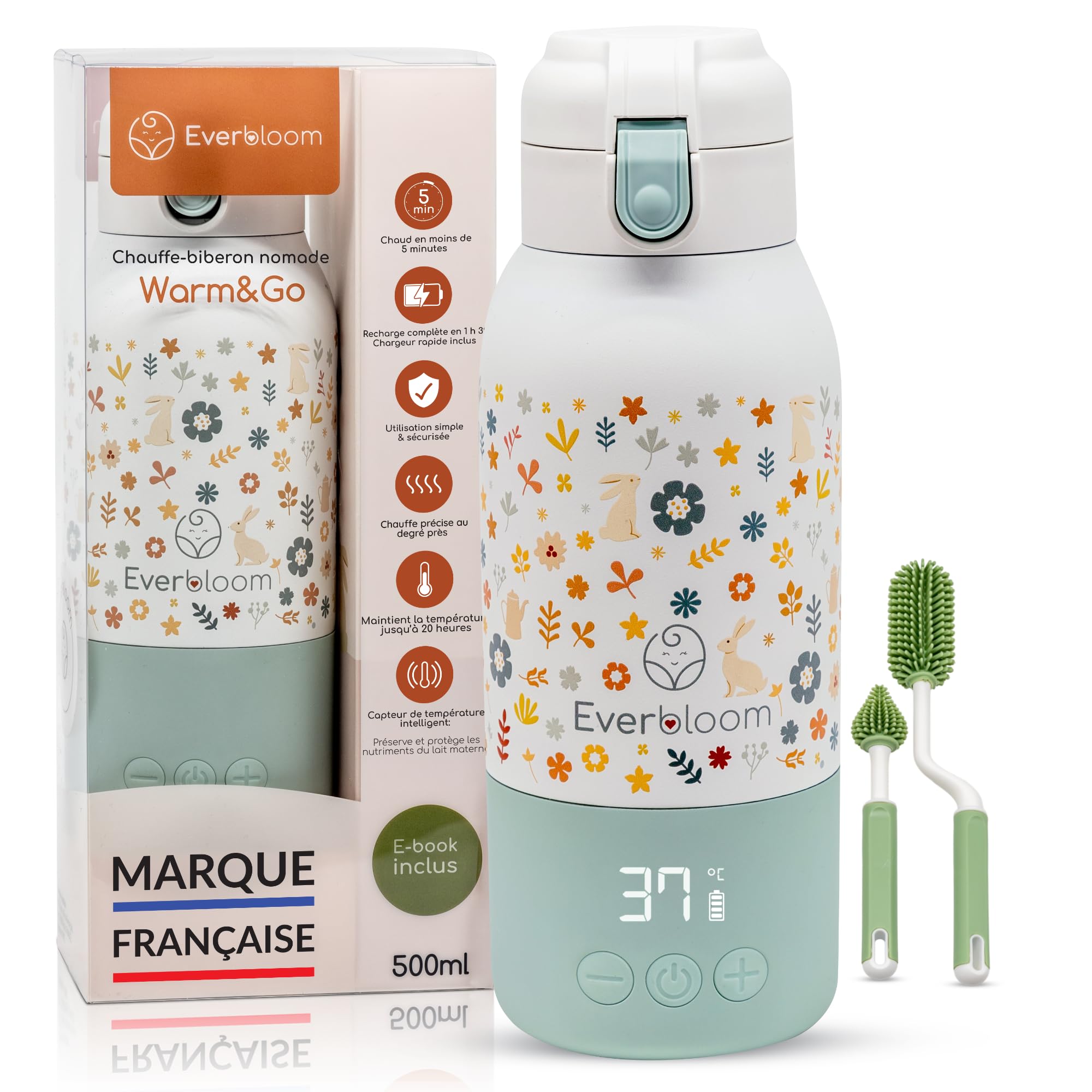 EVERBLOOM Chauffe Biberon Nomade Portable, Sans Fil, 500 ml, Chauffe Rapide | Pour lait maternel et infantile : chauffe en moins de 2 min,températures réglables au degré près, idéal voyage et voiture.