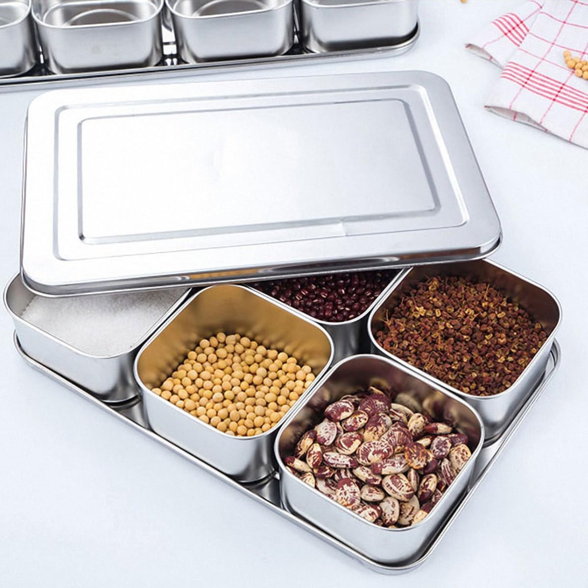 Seasoning Box Spice Container 6 Compartment with Lid, Stainless Steel