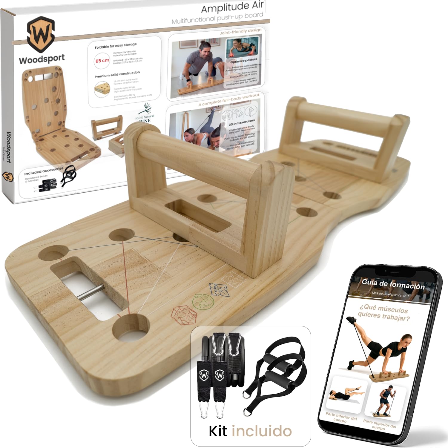 Amplitude – Tabla de flexiones/Push up board de Madera – Tabla para hacer flexiones – Gimnasio en Casa – con Bandas Elásticas + Guía de Entrenamiento 30 en 1