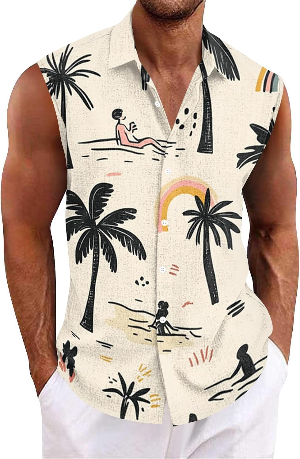 RTRDE Men's Summer Button Down Shirts Sleeveless Casual Hawaiian Tank Top Beach Vacation Shirts, M-3XL