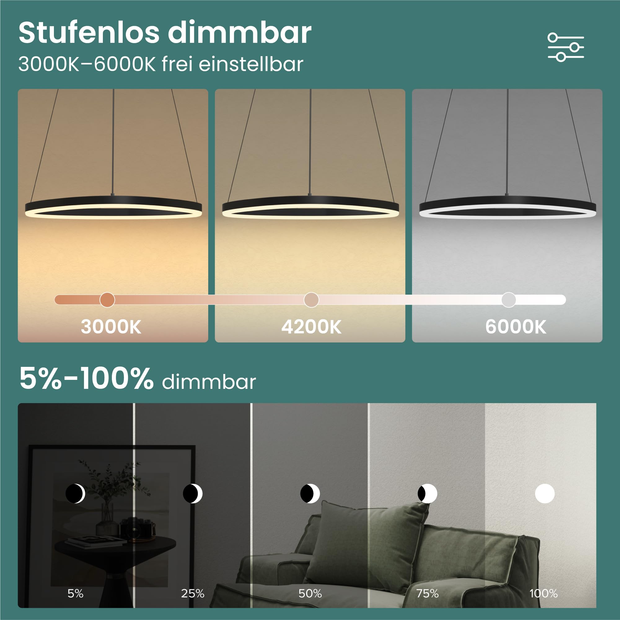 Mai & Mai LED Pendelleuchte Esstisch Stufenlos Dimmbare Fernbedienung & App | Pendellampe im Saturnring-Design Höhenverstellbar 50–150 cm, 3000–6000 K für Esstisch Wohnzimmer Küche, Luvina06